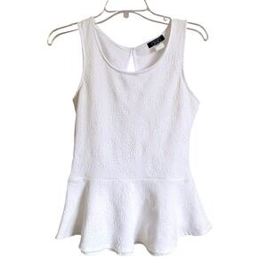 Vintage Deb White Floral Jacquard Peplum Top S Sleeveless Keyhole Back Y2K USA